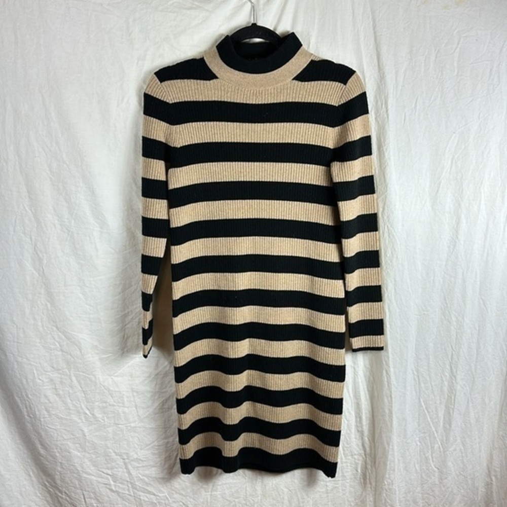 J. Crew Wool Blend Turtleneck Women’s Midi dress size xsmall Black Camel striped